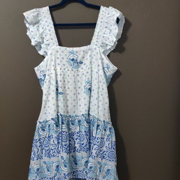 Oliphant Corfu Blue Smocked Square Neck Mini Dress NEW WITH TAGS LARGE - Picture 3 of 9